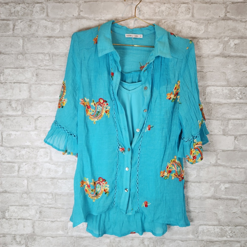 Figueroa & Flower Blouse Camisole Embroidered Floral Teal Boho Ruffle Top Size M